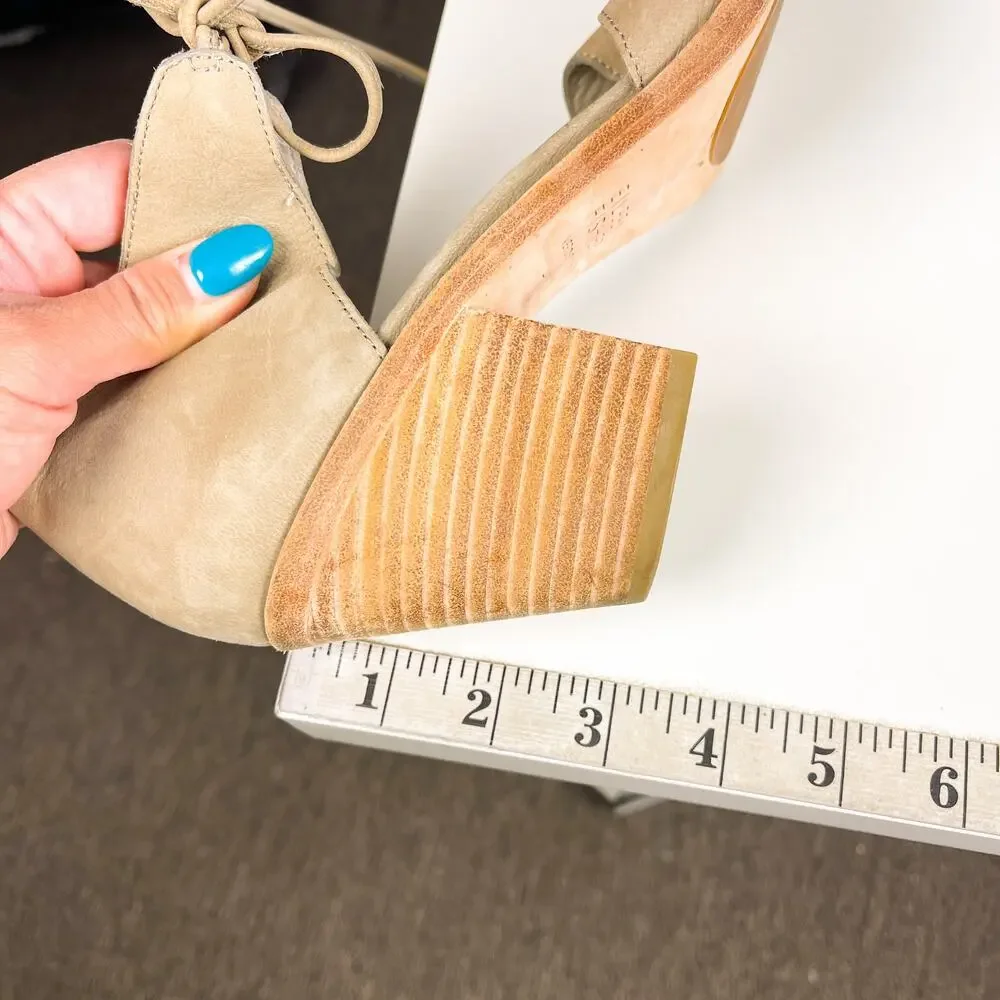 Eileen Fisher Ann Ankle Tie Leather Chunky 3” Heel Sandals Gray Beige - 7.5
